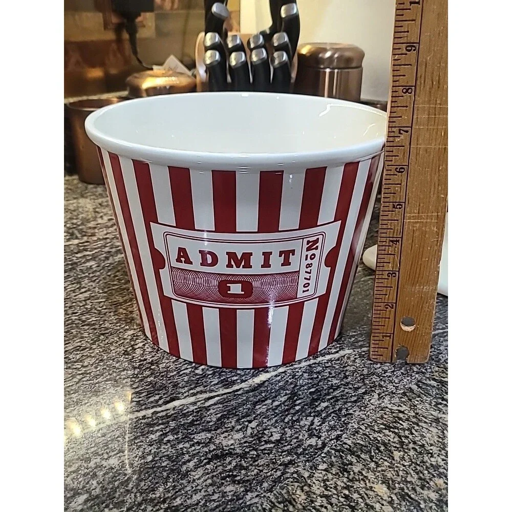 Vintage Style Williams-Sonoma Large Popcorn Bucket -White/Red Stripes 9x7